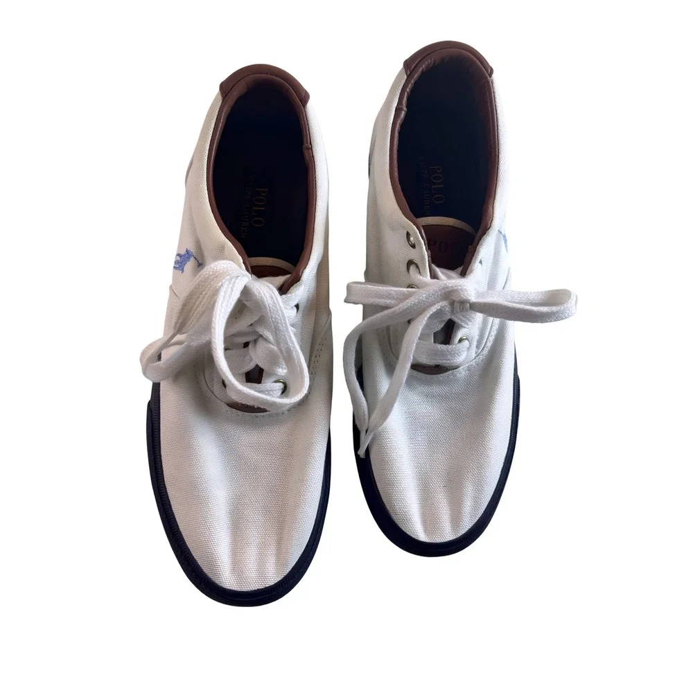 Polo Ralph Lauren Vaughn Mens 9.5D White Canvas Sneakers Navy 11501 Low Top - Picture 2 of 8